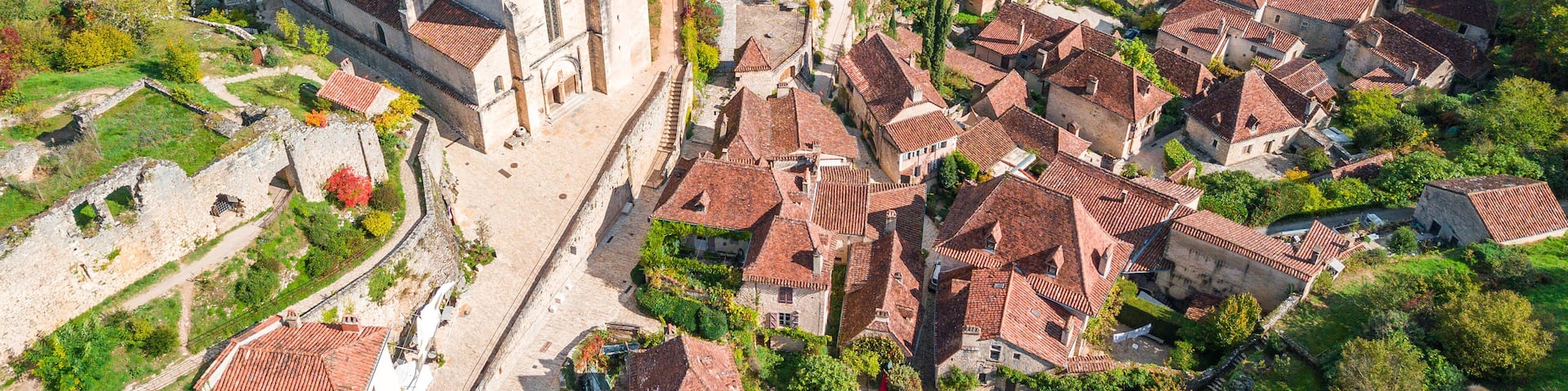 aerial view of saint cirq lapopie town, france
