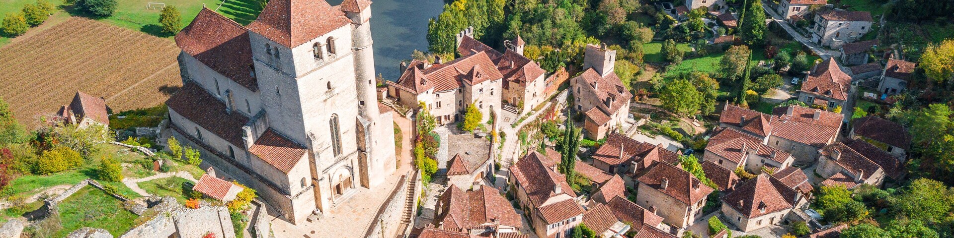 aerial view of saint cirq lapopie town, france