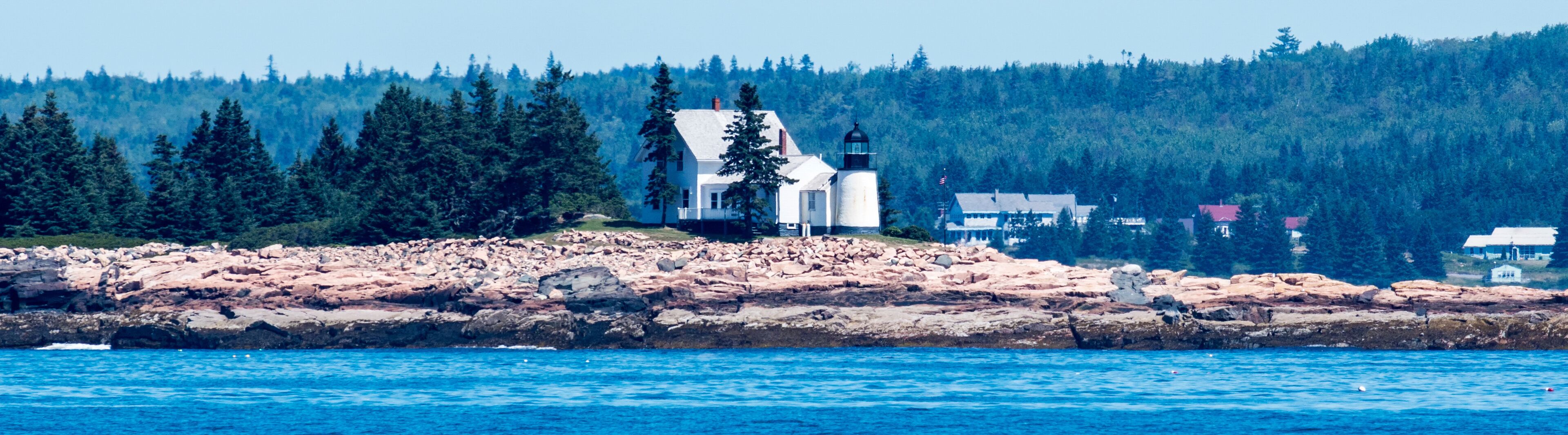 A coastal town with a lighthouse, rocky shoreline, dense forest, and a clear blue sky.