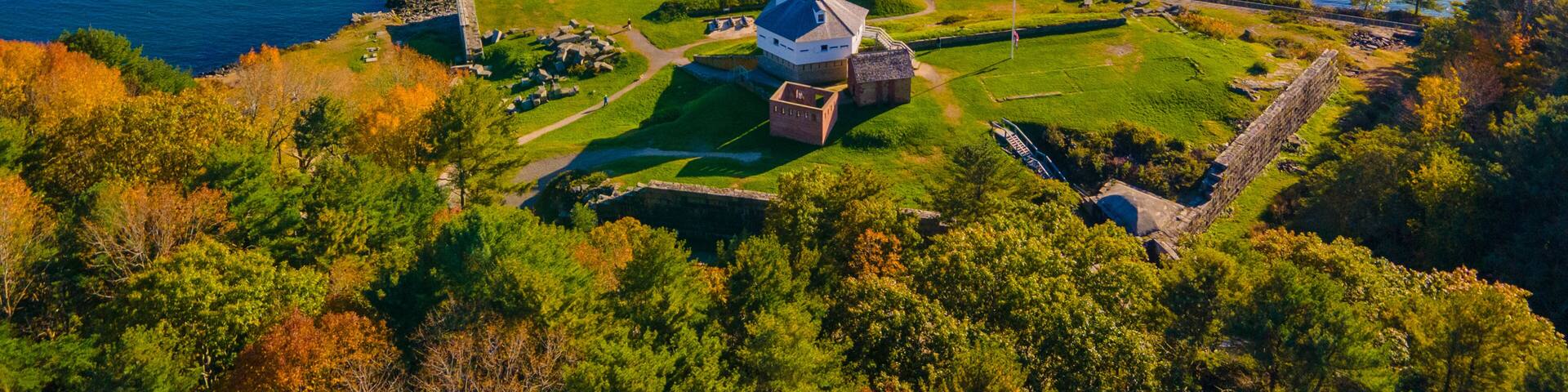 Fort McClary aerial view in fall on Piscataqua River at Portsmouth Harbor, with Fort Constitution at the background across the river in Kittery Point, town of Kittery, Maine ME, USA.