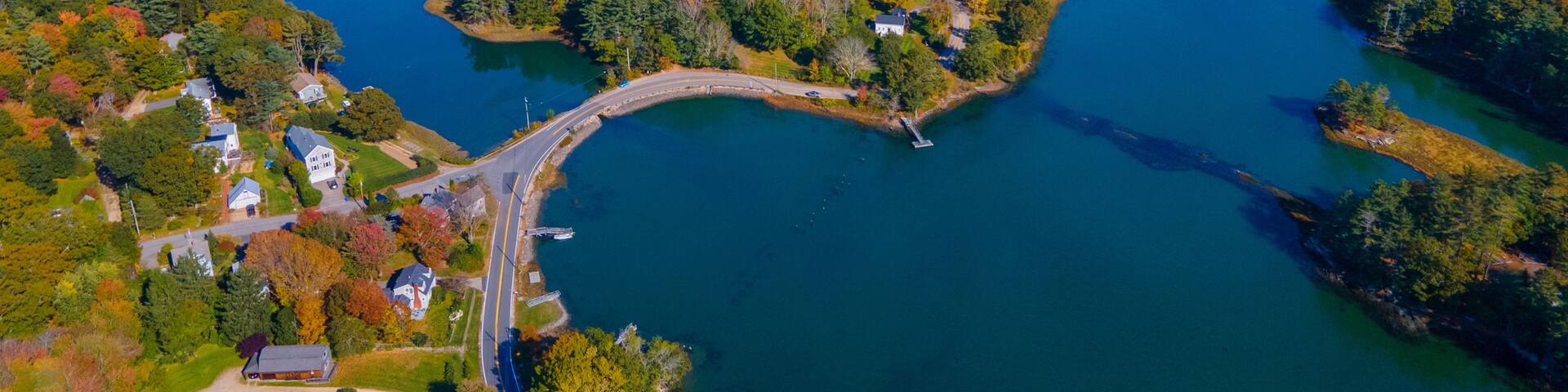 Chauncey Creek aerial view in fall between Gerrish Island and Kittery Point in town of Kittery, Maine ME, USA.