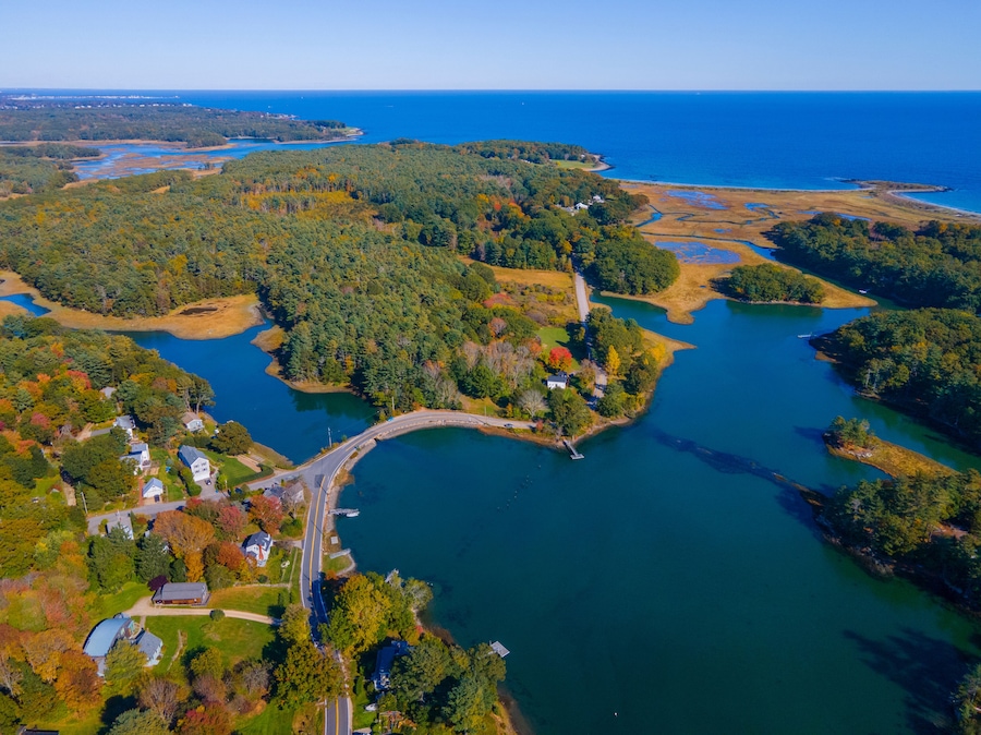 Chauncey Creek aerial view in fall between Gerrish Island and Kittery Point in town of Kittery, Maine ME, USA.