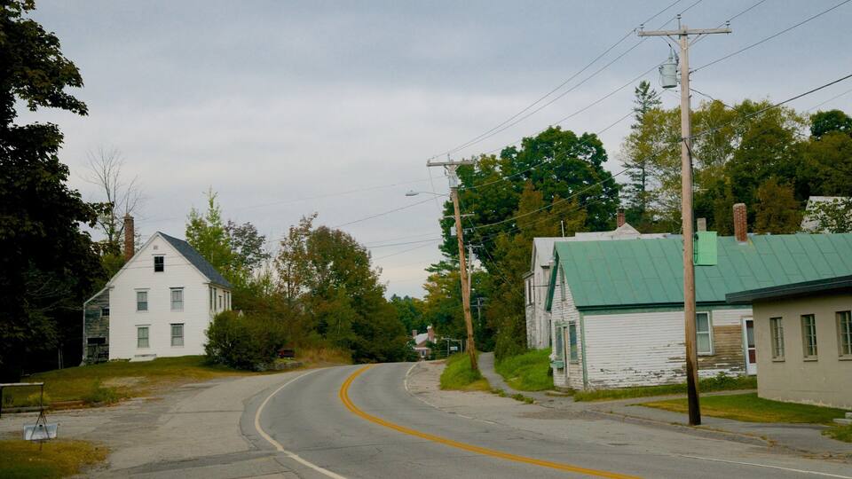 A rural road curving through a small town with white houses, green roofs, and trees.
