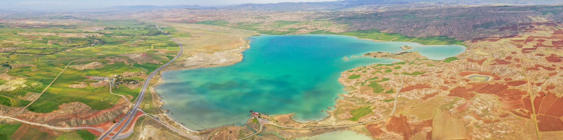 Panoramic aerial view of naturally formed Todurge Lake surrounded by mountains Zara Sivas Turkey