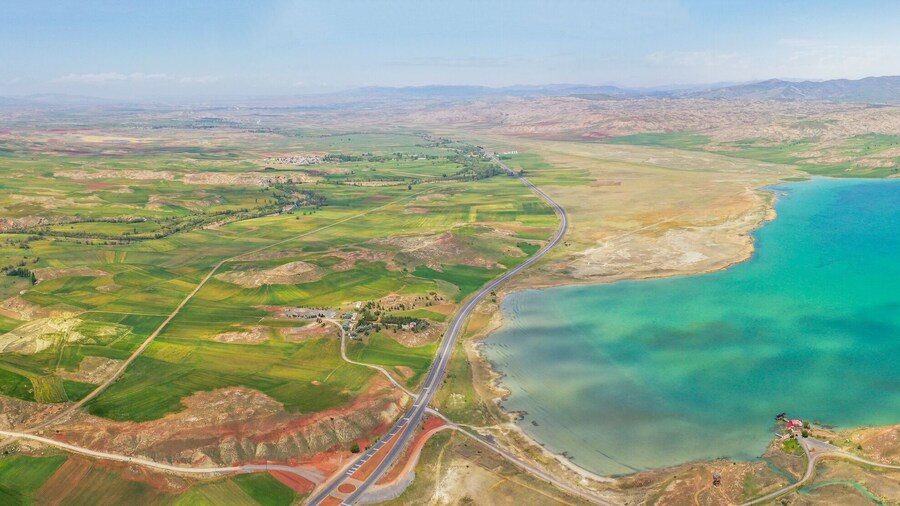 Panoramic aerial view of naturally formed Todurge Lake surrounded by mountains Zara Sivas Turkey