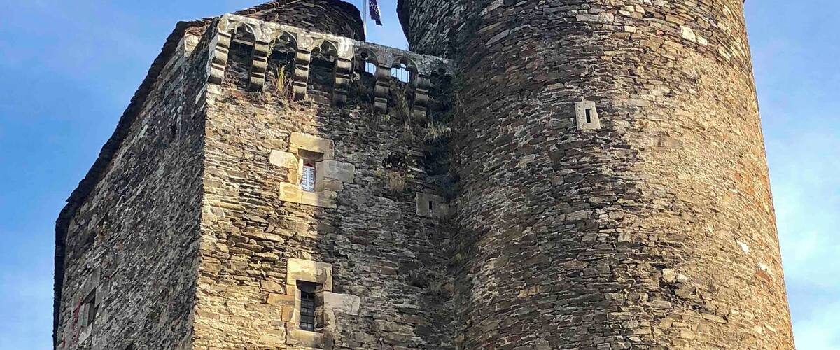 A historic stone castle with a round tower, arched windows, and a flag.