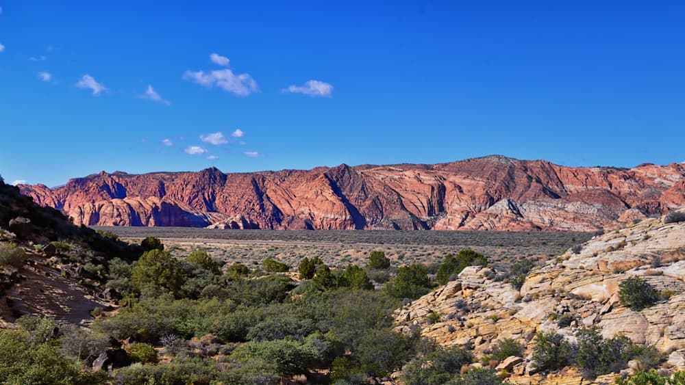 A rugged canyon landscape with layered red rock formations and sparse vegetation.