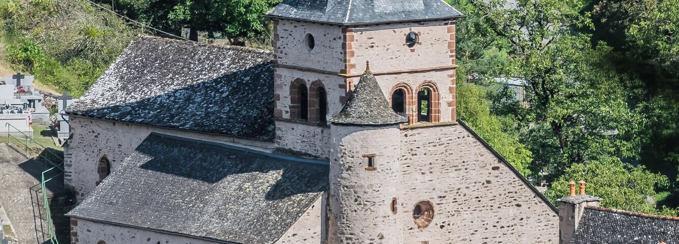 View of Saint Peter Church of Grand-Vabre, commune of Conques-en-Rouergue, Aveyron, France