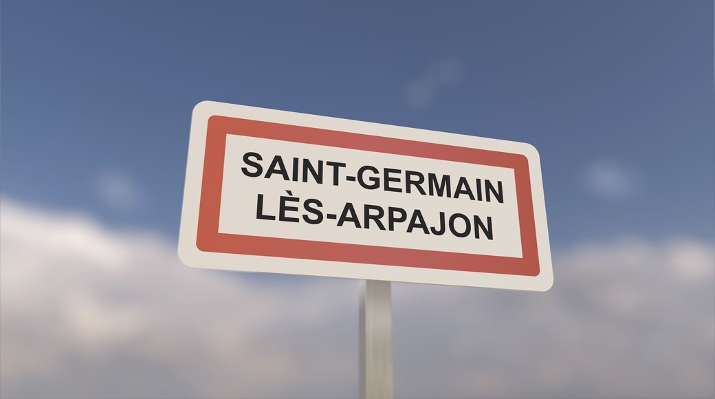 A sign at Saint-Germain-lès-Arpajon town entrance, sign of the city of Saint Germain lès Arpajon. Entrance to the municipality.