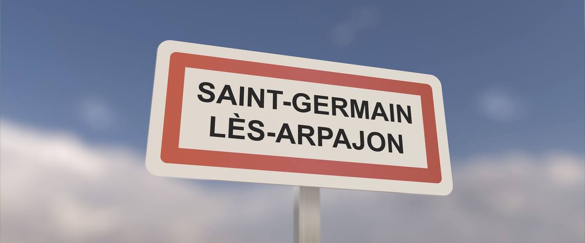 A sign at Saint-Germain-lès-Arpajon town entrance, sign of the city of Saint Germain lès Arpajon. Entrance to the municipality.