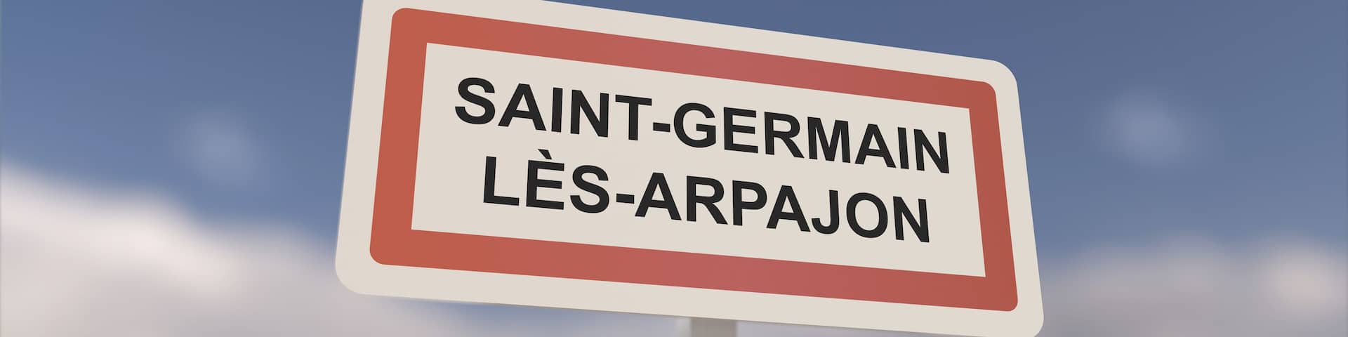 A sign at Saint-Germain-lès-Arpajon town entrance, sign of the city of Saint Germain lès Arpajon. Entrance to the municipality.