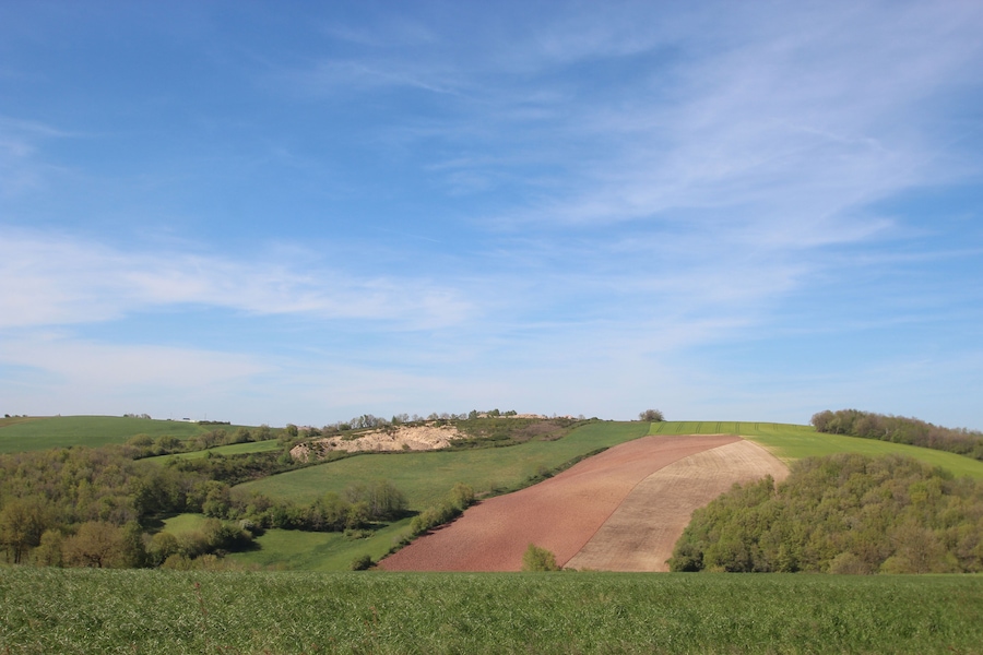 Rolling green hills, a dirt path, and a clear blue sky.