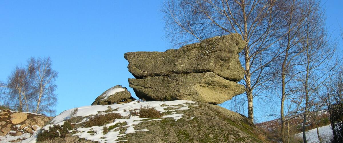 A rock formation with a balanced boulder on top, surrounded by snow and trees.