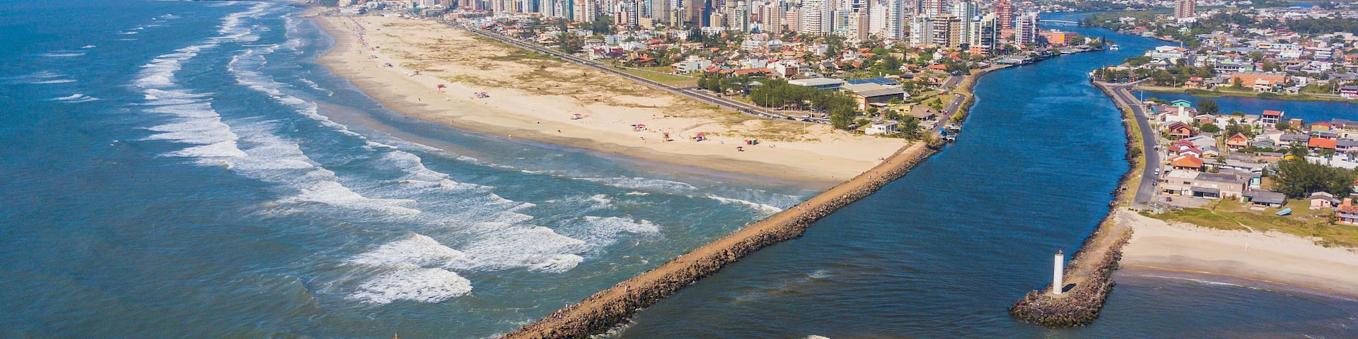 Torres - RS. Panoramic aerial view of the city, Torres beach and Mampituba river. Rio Grande do Sul – Brazil