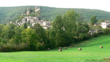 A village nestled in a valley with a castle on a hill, surrounded by lush greenery and rolling hills.