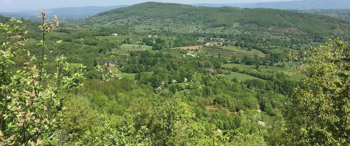 A lush green valley with rolling hills, scattered houses, and a clear blue sky.