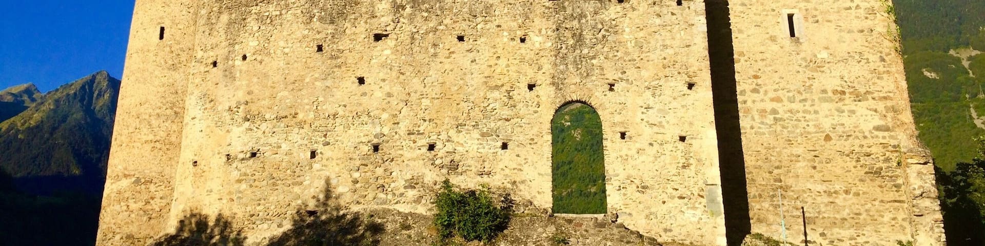 First light. Only one wall remains of this 14th century chateau. Lovely view of Luz valley.