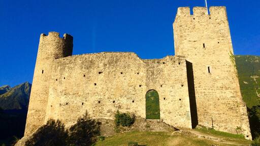 First light. Only one wall remains of this 14th century chateau. Lovely view of Luz valley.