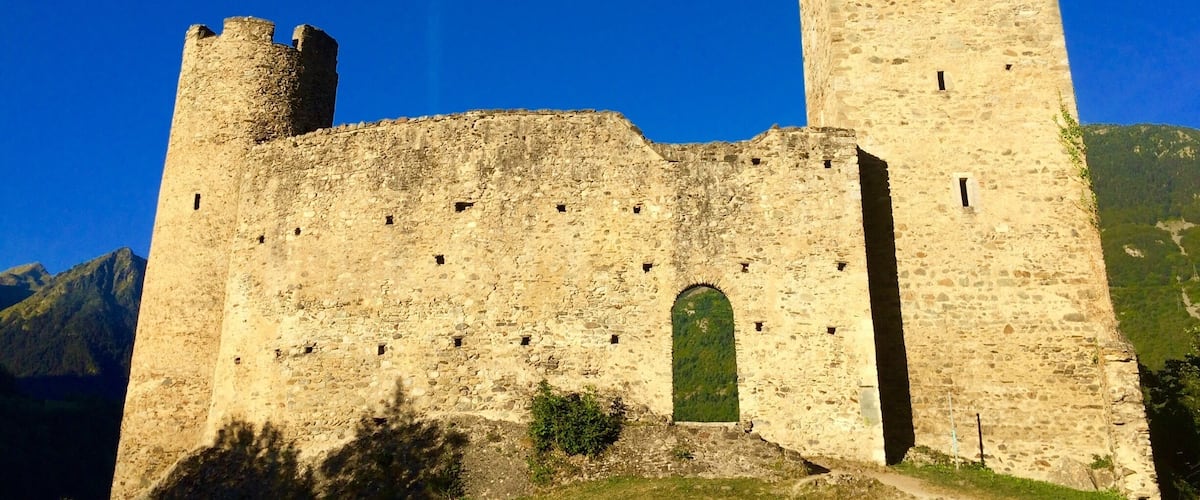 A medieval castle with two towers, a central arched entrance, and a flag on top.
