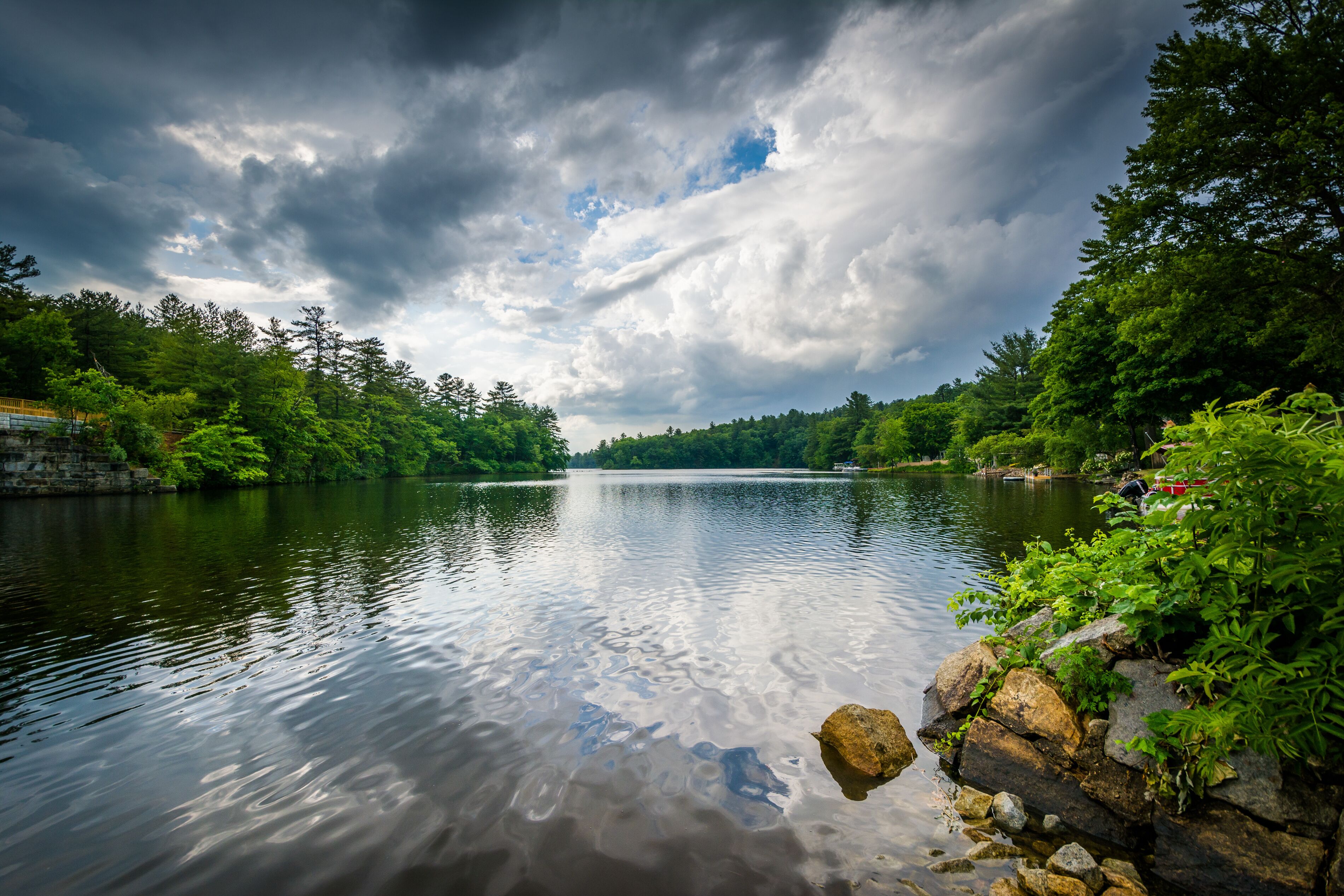 A calm lake surrounded by dense green trees and a cloudy sky.