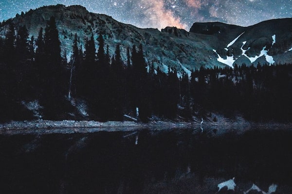 Un ciel étoilé au-dessus d’un paysage montagneux, avec un lac reflétant les étoiles.
