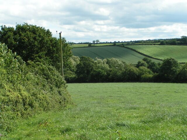 A rural landscape with rolling green fields, dense hedgerows, and a cloudy sky.