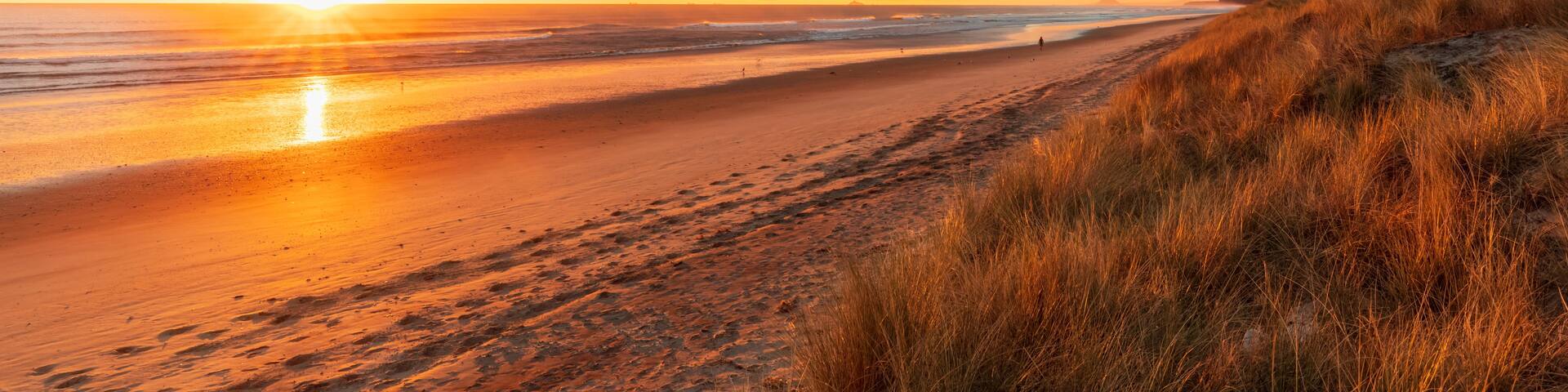 A beach with a sunset, ocean waves, and grassy dunes.