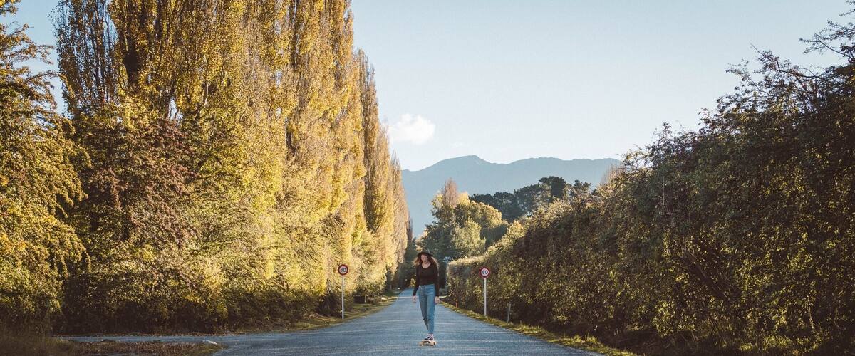 A paved road flanked by trees and mountains in the distance.