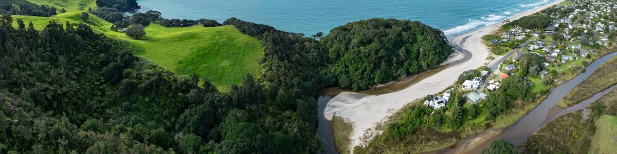 Aerial panorama of a coastal landscape in Whiritoa, New Zealand. Lush green hills meet the turquoise ocean, with a sandy beach and a small town nestled along the coast. A river flows into the sea.