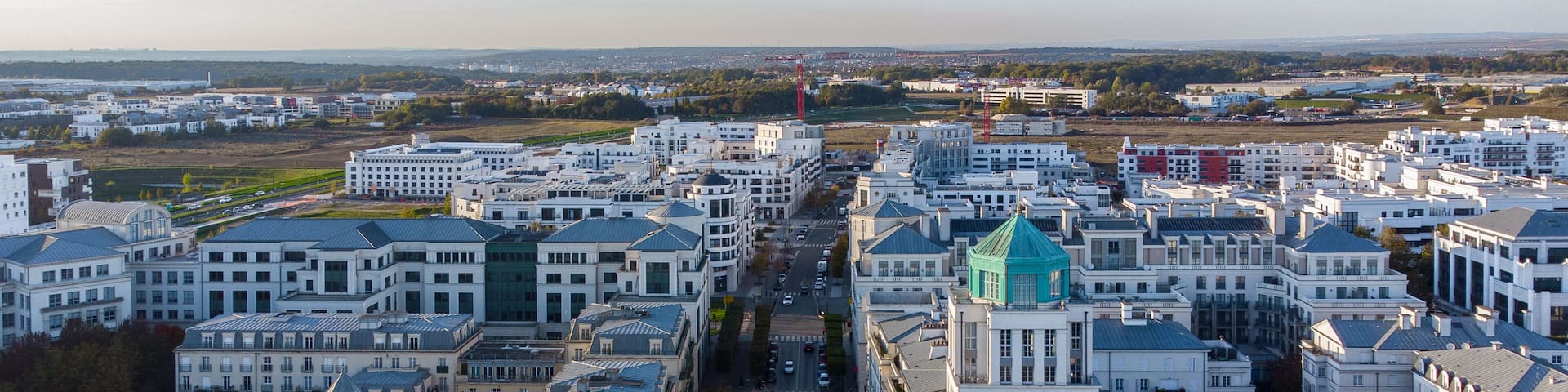 Aerial view of the new town of Val d'Europe in Marne La Vallée, in the eastern suburbs of Paris, France - Modern residential appartment buildings and offices in development
