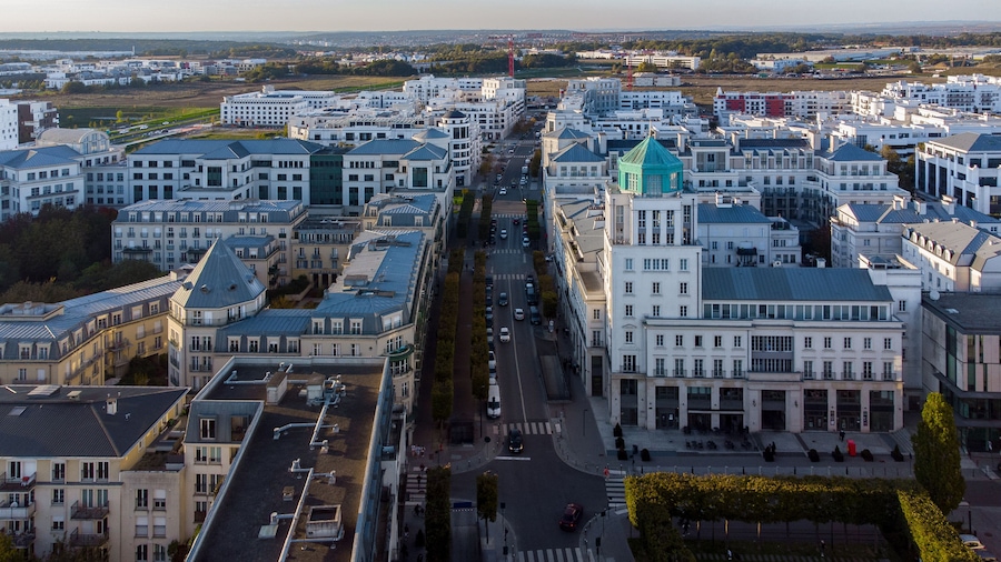 Aerial view of the new town of Val d'Europe in Marne La Vallée, in the eastern suburbs of Paris, France - Modern residential appartment buildings and offices in development