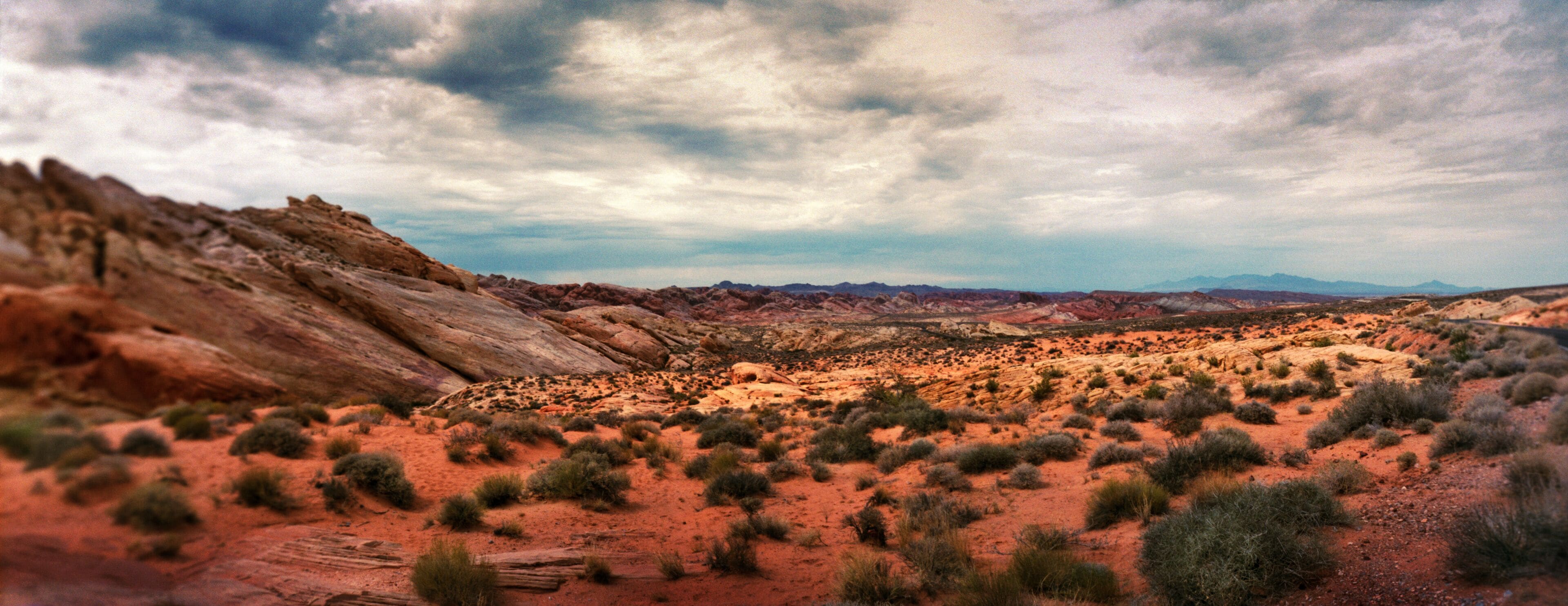 Panoramic view of rock formations in the Valley of Fire State Park, Moapa Valley, Nevada, USA.
