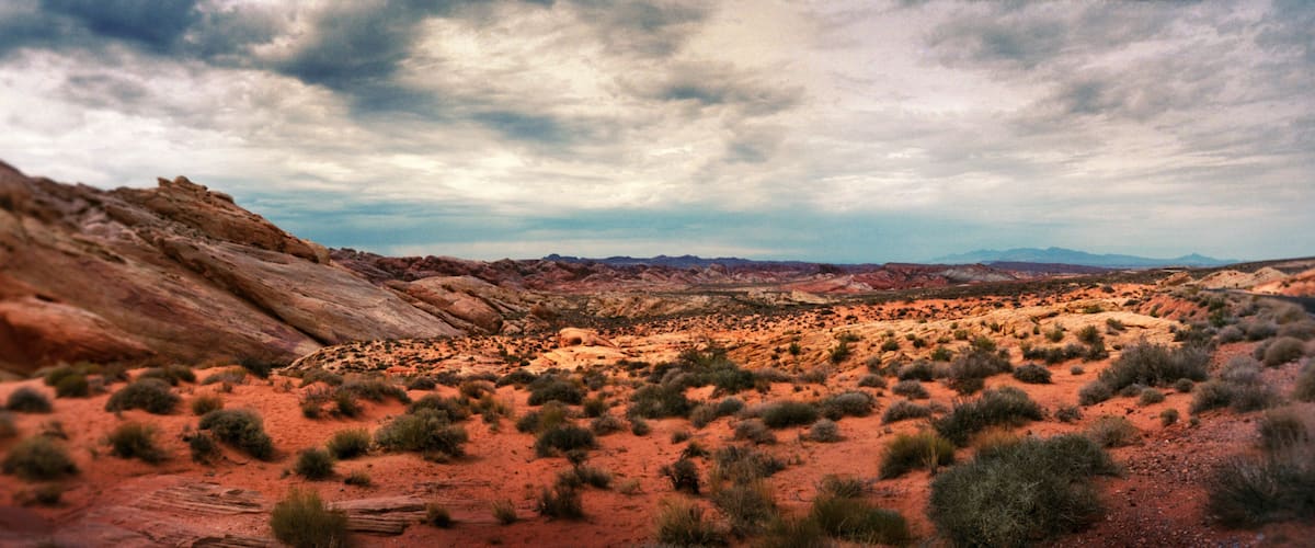 Panoramic view of rock formations in the Valley of Fire State Park, Moapa Valley, Nevada, USA.