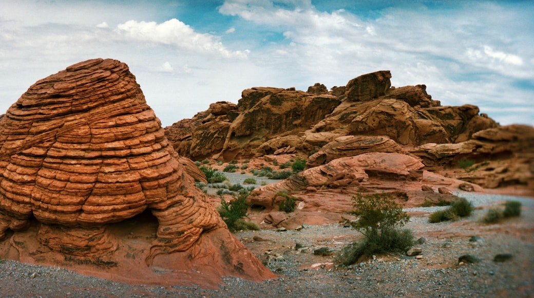 Panoramic view of rock formations in the Valley of Fire State Park, Moapa Valley, Nevada, USA.