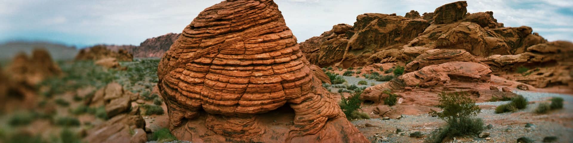 Panoramic view of rock formations in the Valley of Fire State Park, Moapa Valley, Nevada, USA.