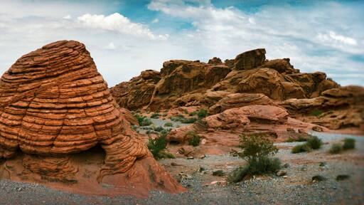 Panoramic view of rock formations in the Valley of Fire State Park, Moapa Valley, Nevada, USA.