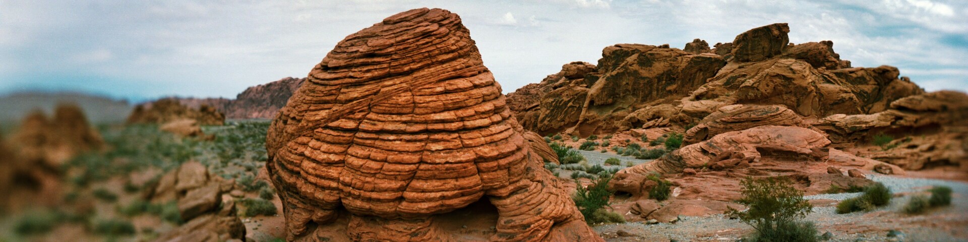 Panoramic view of rock formations in the Valley of Fire State Park, Moapa Valley, Nevada, USA.
