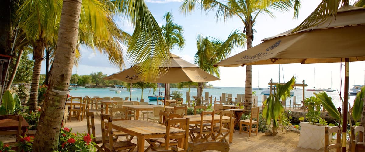 A beachside restaurant with wooden tables and chairs, palm trees, and a view of the ocean.