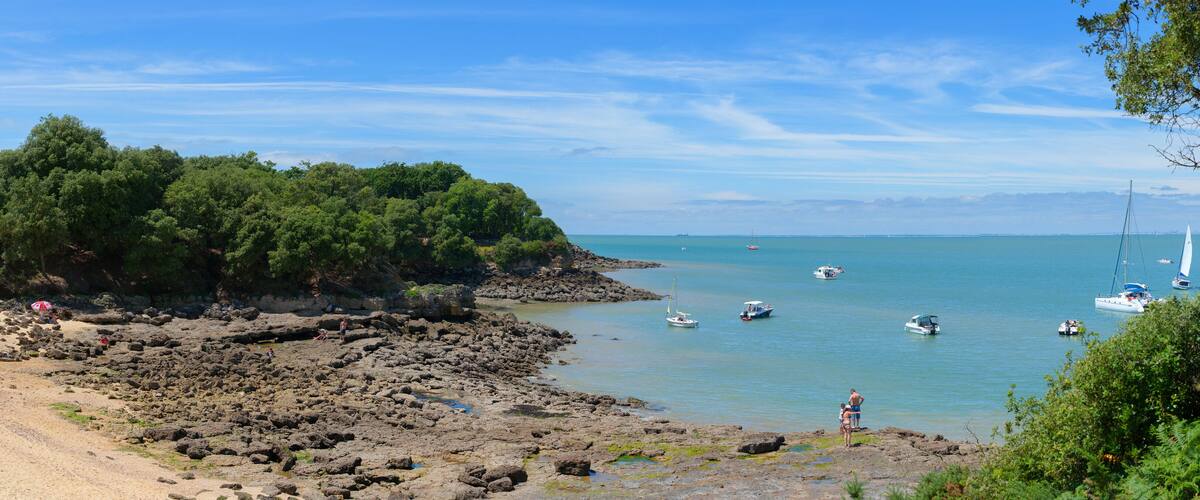 A rocky beach with boats on calm water, surrounded by dense green trees.