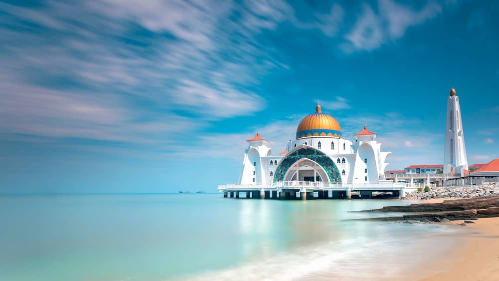 Malacca Straits Mosque or Masjid Selat Melaka. It is a mosque located on the man-made Malacca Island near Malacca Town. Malaysia