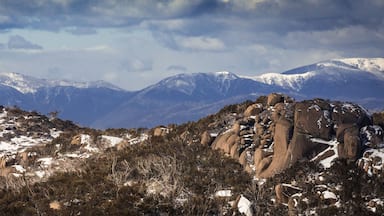 A snow-covered mountain range with rocky outcrops and sparse vegetation.