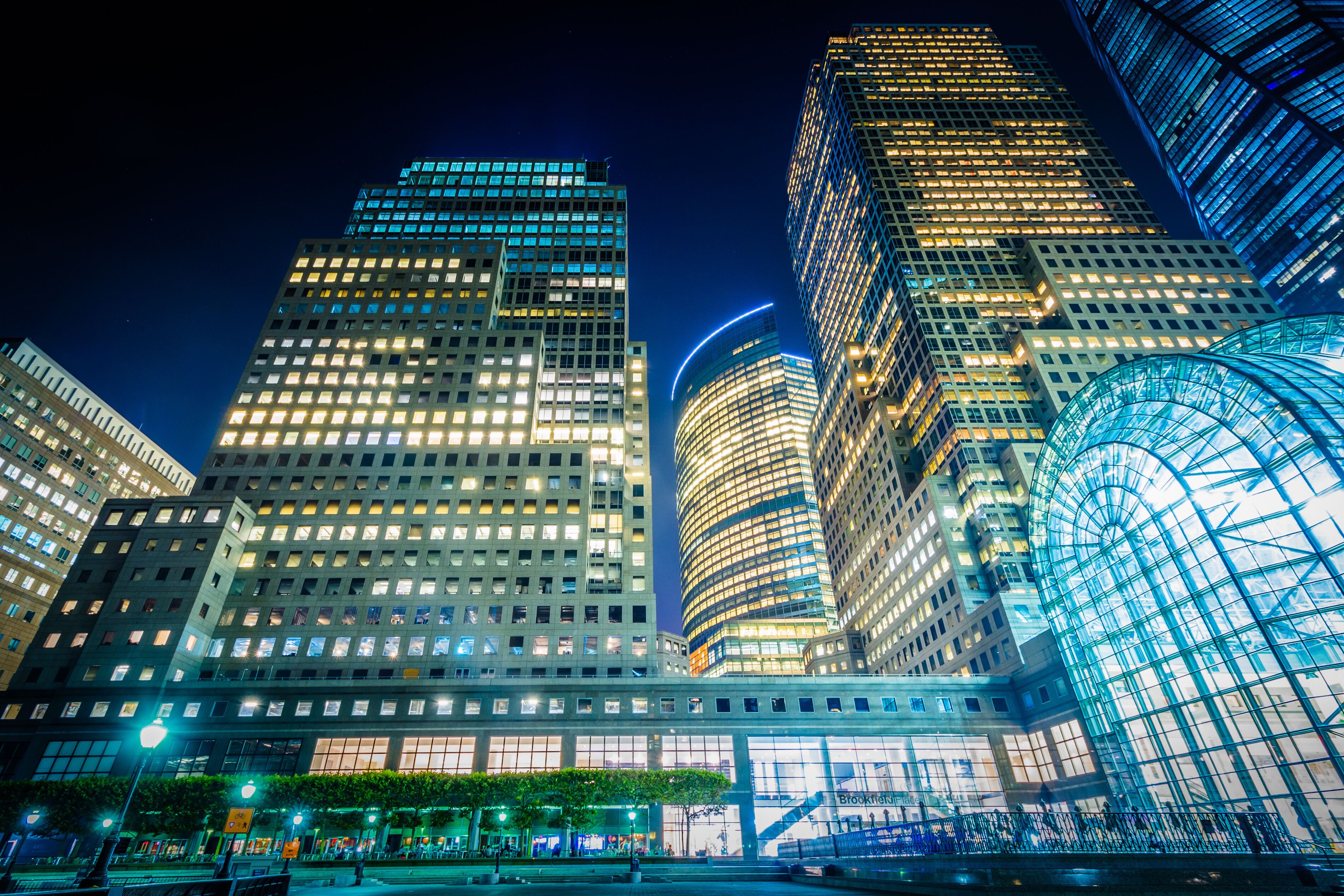Buildings in Battery Park City at night, in Lower Manhattan, New