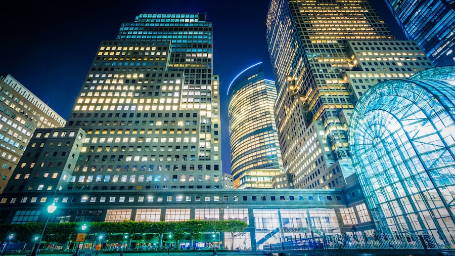 Buildings in Battery Park City at night, in Lower Manhattan, New