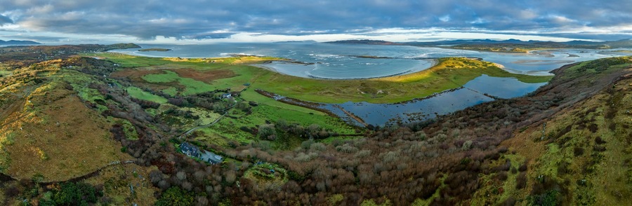 Aerial view of Castlegoland hill by Portnoo - County Donegal, Ireland.