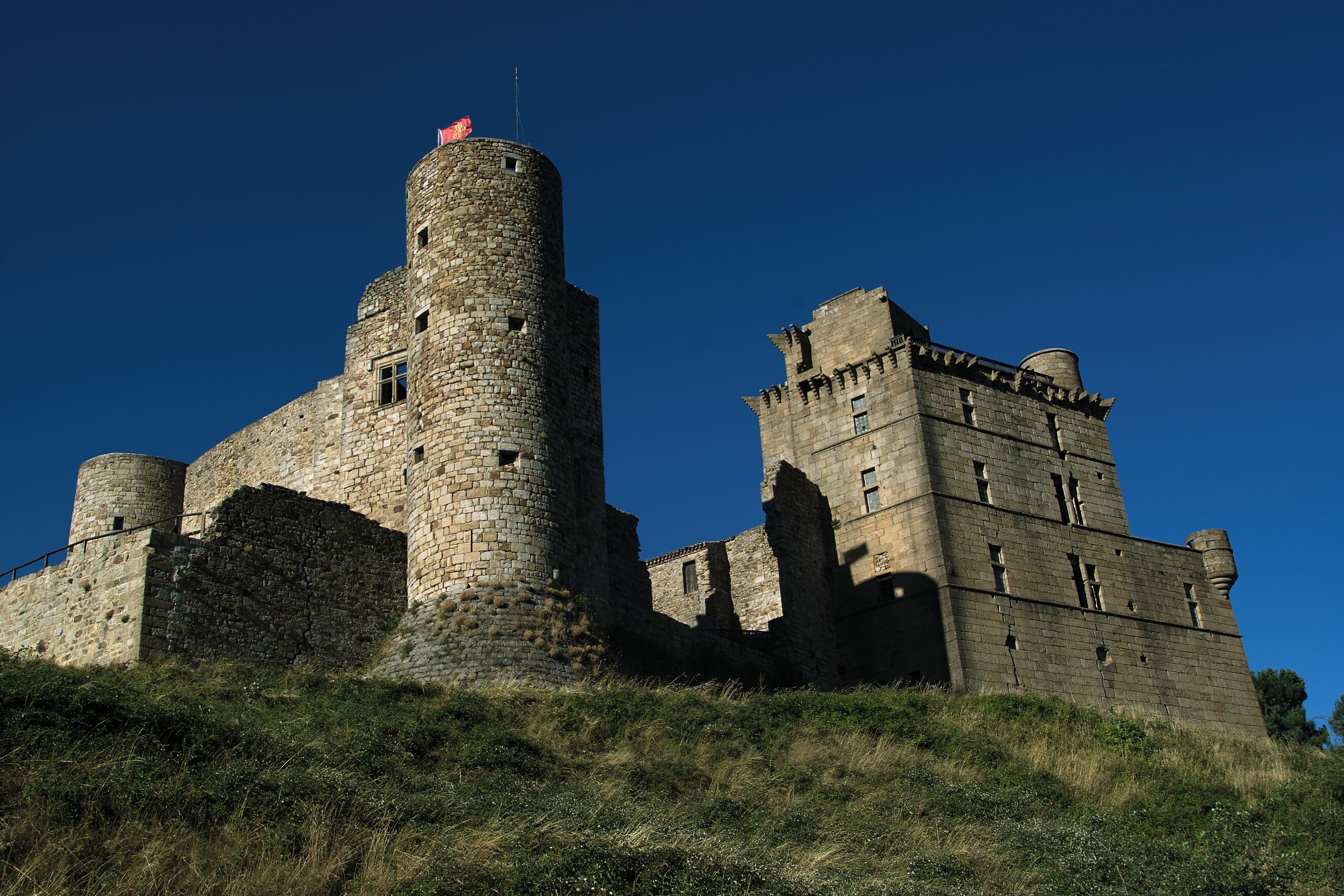A historic stone castle with a prominent tower and battlements, situated on a grassy hill under a clear blue sky.