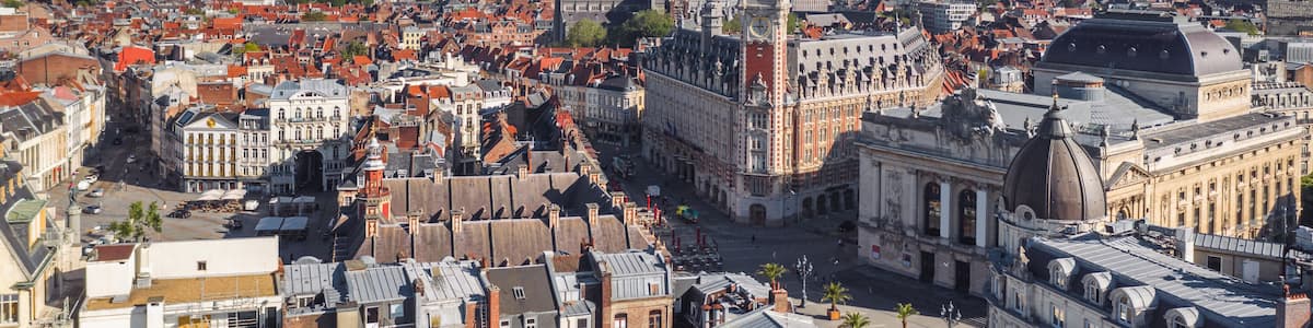 Une vue panoramique d’une ville historique, avec un imposant beffroi, une architecture urbaine dense et une rivière au premier plan.
