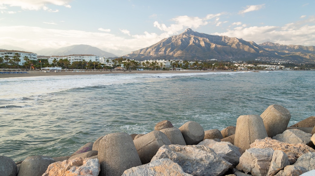 Puerto Banus Beach showing general coastal views, a coastal town and mountains