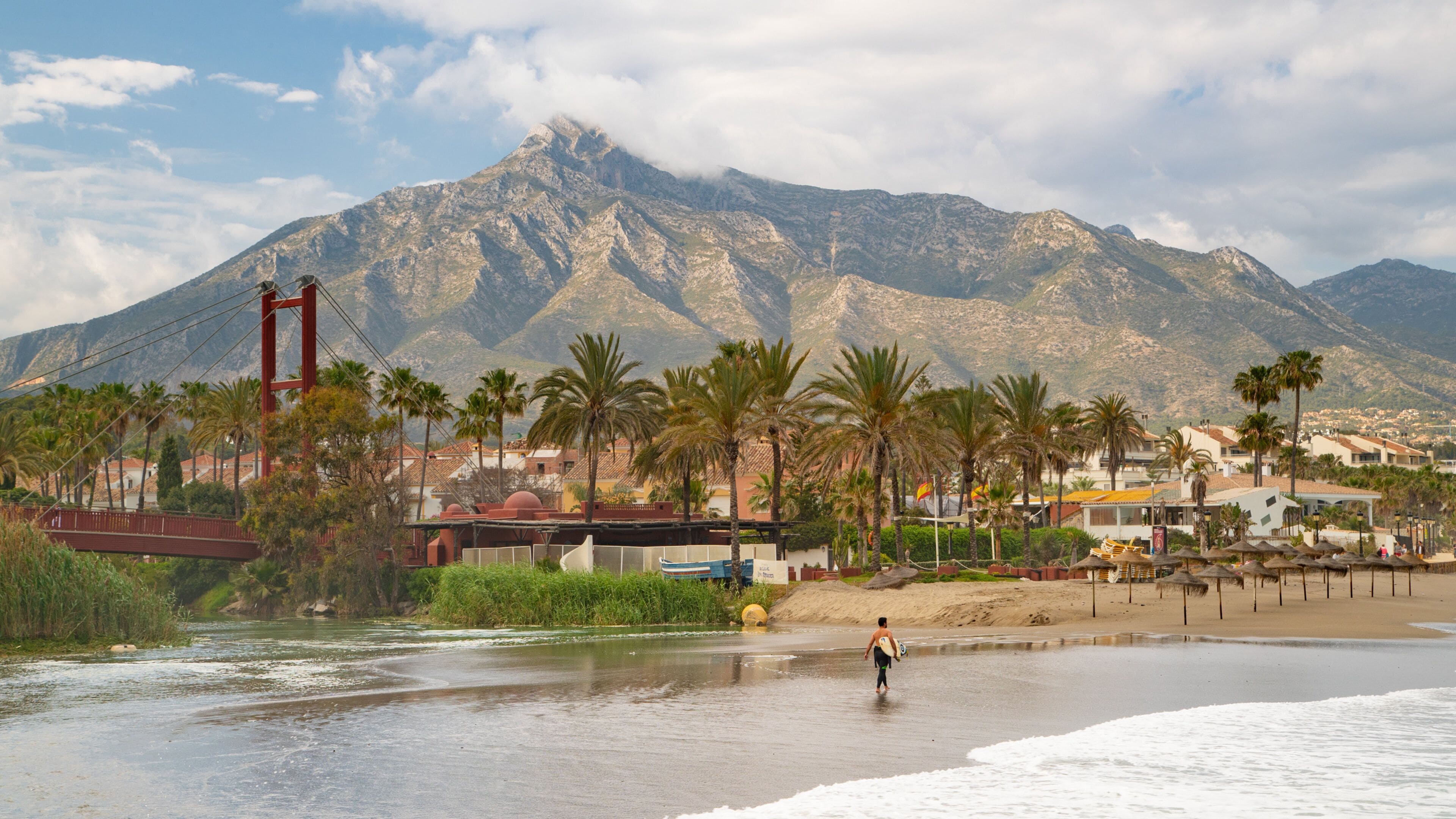 Puerto Banus Beach which includes general coastal views, mountains and a coastal town