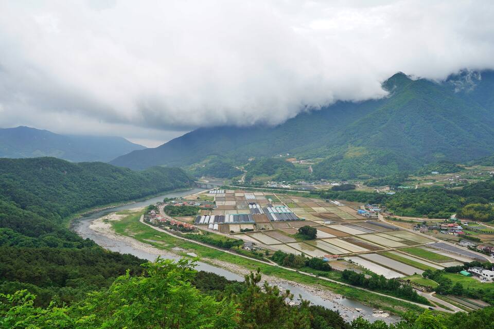 A river winding through a valley with rice paddies, a bridge, and mountains in the background.
