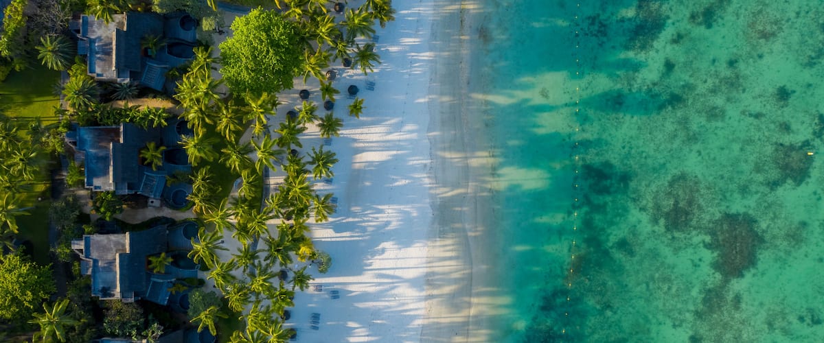 An aerial view of a beach with clear turquoise water, white sand, and palm trees.